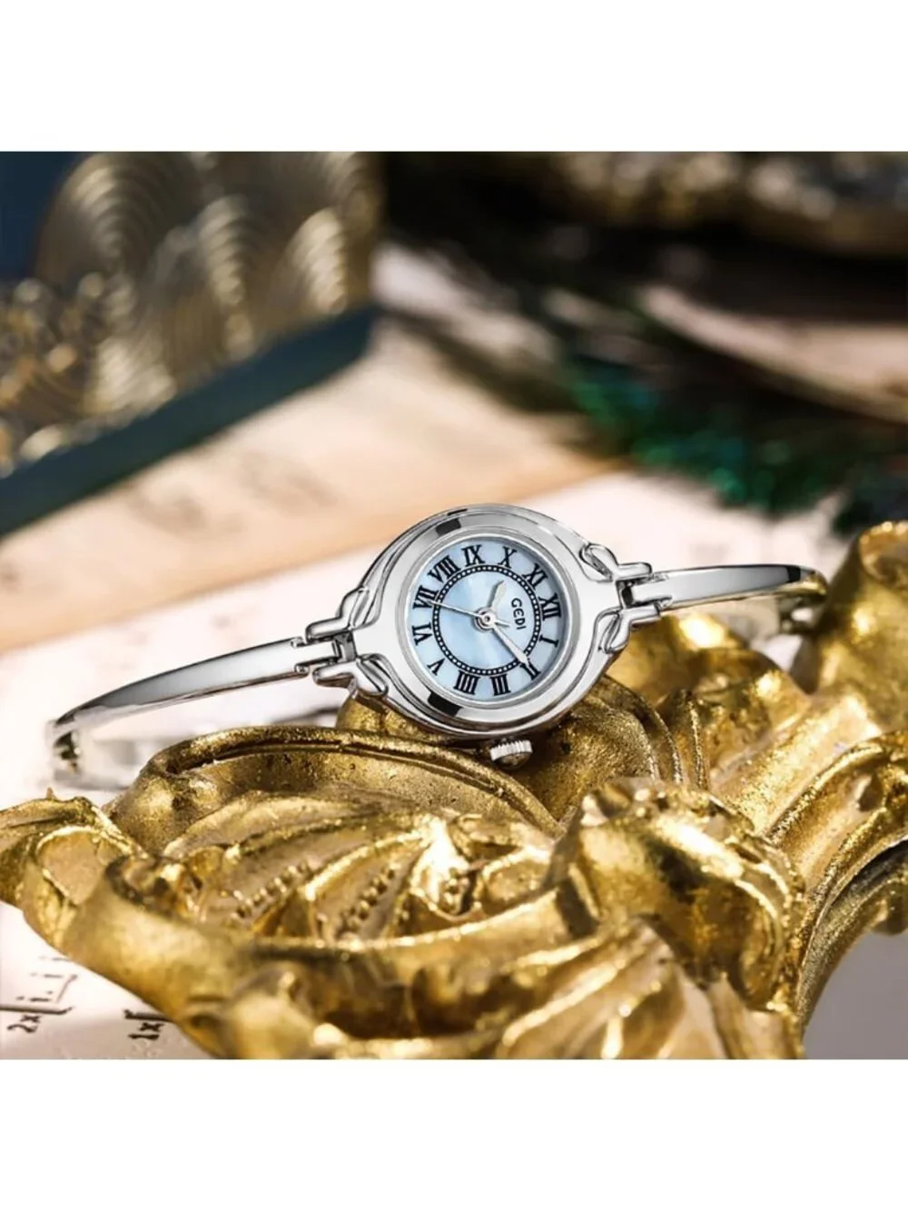 Women's Silver Blue Small Dial Bangle Thin Strap Classic Vintage Style Watches